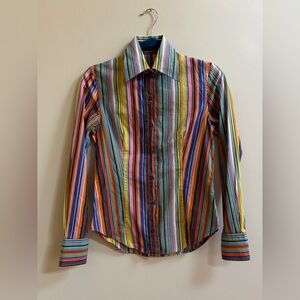 Etro Milano Italy Vintage Multicolor Striped Cotton Button Up Shirt Blouse Top